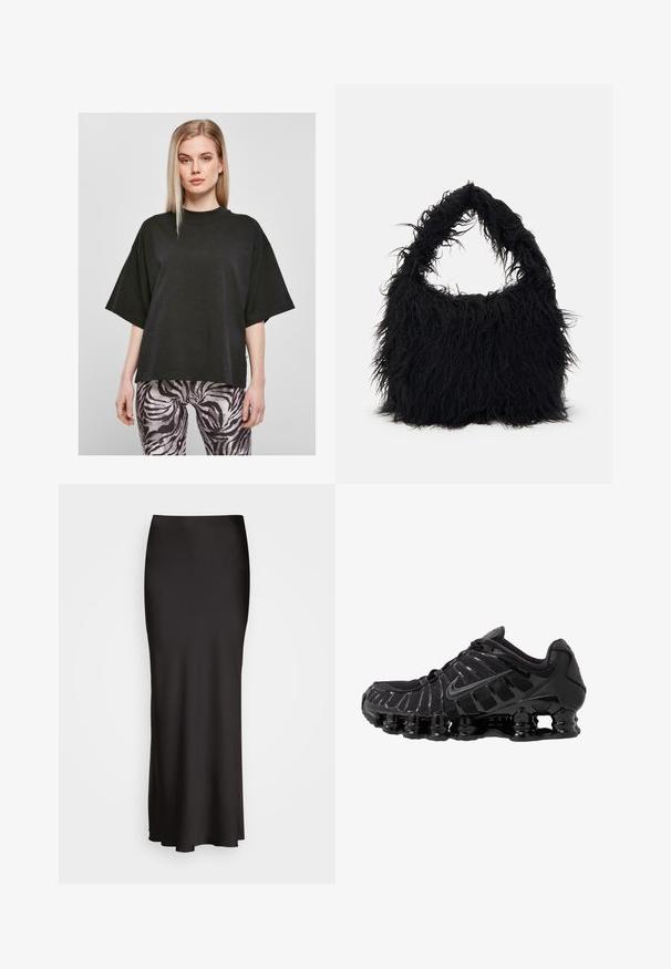 Schwarzes Oversize-T-Shirt mit hohem Kragen und kurzen Ärmeln, aus weichem Stoff; kombiniert mit gemusterten Leggings im schwarz-weißen Zebradruck.; Schwarzer, bodenlanger Satinrock mit glatter Textur, tailliertem Bund und A-Linien-Silhouette, ohne sichtbare Verzierungen oder Muster.; Schwarzer Sportschuh mit Mesh-Obermaterial und glänzenden Überzügen. Verfügt über eine geschwungene Spiraldämpfung und strukturierte Linien an der Seite. Nike-Logo sichtbar.; Even&Odd Shopping Bag - black