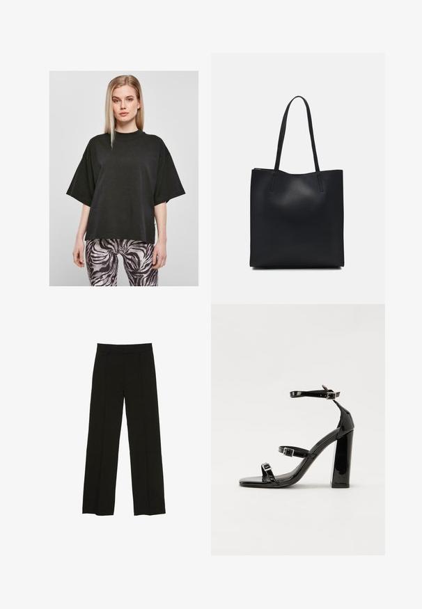 Tricou oversize negru cu un guler înalt și mâneci scurte, fabricat dintr-un material moale; asociat cu colanți cu imprimeu zebra alb-negru.; Pantaloni largi negri, confecționați dintr-un material fin, cu un talie ajustată și pliuri frontale subtile pentru un plus de textură.; Sandale cu toc din patent negru, cu vârf pătrat, curele la gleznă și catarame din argint. Dispune de un toc gros pentru stabilitate.; Geantă tote neagră din piele, cu textură netedă, formă rectangulară și două mânere lungi. Fără hardware vizibil sau ornamente.