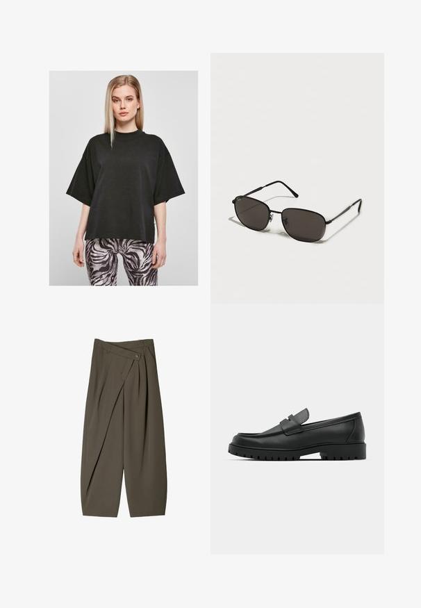 Črna oversized majica s visokim ovratnikom in kratkimi rokavi, izdelana iz mehke tkanine; v kombinaciji z vzorčnimi črno-belimi pajkicami z zebra vzorcem.; Široki hlače iz temno olivno zelene tkanine, z nagubanimi sprednjimi deli, gumbom za zapiranje in sijajno, teksturirano površino.; Črne usnjene loafers čevlje z zaobljenim nosom, ki imajo šivano zasnovo, nizko platformo in teksturiran, profiliran gumijast podplat.; Črne sončna očala z ovalnimi okvirji, temnimi lečami, ozkimi ročaji in diskretnim logotipom na levem leču. Elegantna, minimalistična zasnova.