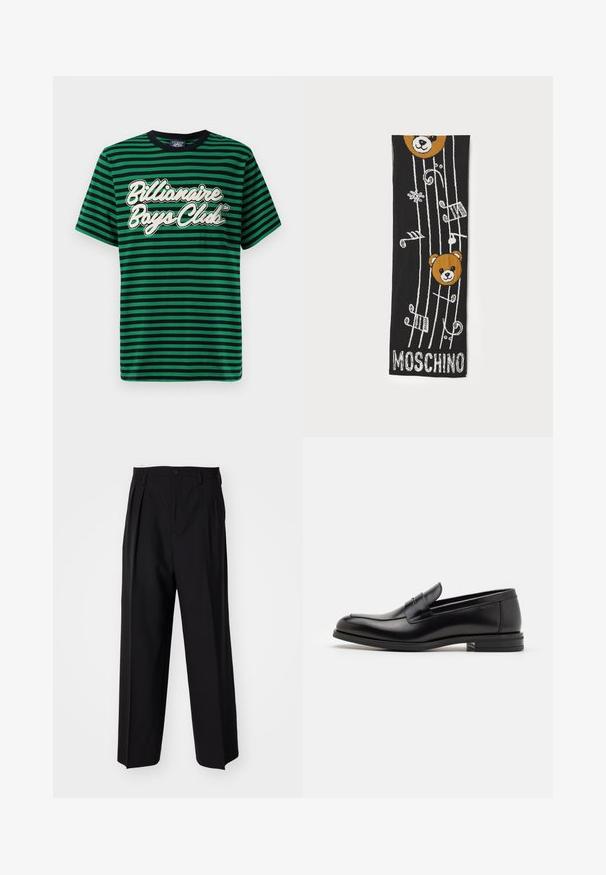 T-shirt a strisce verdi e nere in cotone, con un logo grafico "Billionaire Boys Club" in bianco, scollo rotondo e maniche corte.; Pantaloni neri a pieghe con un design dritto e gamba larga. Realizzati in tessuto morbido, con chiusura a bottone e passanti per cintura.; Mocassini neri in pelle con una texture liscia, punta arrotondata e una striscia decorativa sulla tomaia. Tacco basso impilato, design minimalista.; Sciarpa nera a maglia con due teste di orso bruno, note musicali e testo "MOSCHINO" in bianco nella parte inferiore. Texture morbida con design dettagliato.