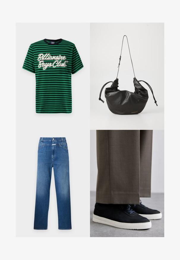 Zelena i crna prugasta majica od pamuka, sa grafičkim logotipom "Billionaire Boys Club" u bijeloj boji, okruglim izrezom i kratkim rukavima.; Plave traperice ravnog kroja, s gumbom za zatvaranje, petljama za pojas i suptilnim izblijedjenjem na bedrima.; Crne nubuk tenisice s bijelim gumenim potplatima, s zaobljenim vrhom i vezicama, uparene s sivim krojenim hlačama.; Crna mekana kožna torba za rame s podešivim tankim remenom, nabrane strane vezane čvorovima i mali zlatni logotip u donjem desnom kutu.