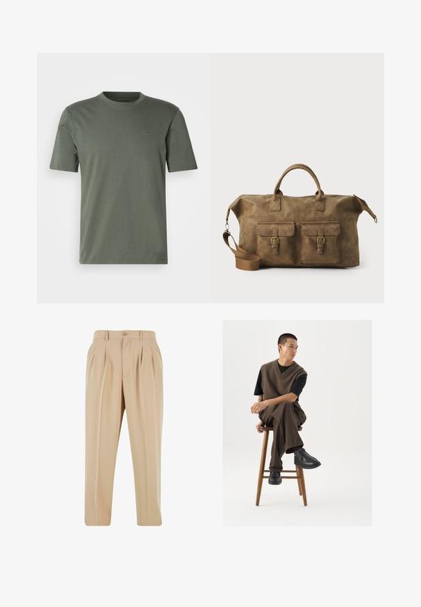 Olivno zelena kratka majica s kratkimi rokavi iz mehkega materiala, s krožnim izrezom in diskretno vezenim logotipom na levem prsnem delu.; Srajca z dolgimi rokavi in gumbom v mehki rumeni tkanini, ki ima teksturirano površino, ovratnik in en sam žep na levi strani prsnega dela.; Bež hlače s plišem in ravnim krojem, izdelane iz gladkega blaga, z gumbnim zapiranjem in zankami za pas na pasu.; Rjav pleteni brezrokavnik čez črn majico, v kombinaciji z rjavimi širokimi hlačami in črnimi masivnimi čevlji, sedeč na lesenem stolčku.; Rjav usnjen potovalni kovček z dvema sprednjima žepoma, nastavljivim ramenskim trakom, zlatim okovjem in trdnimi zgornjimi ročaji. Gladka tekstura.