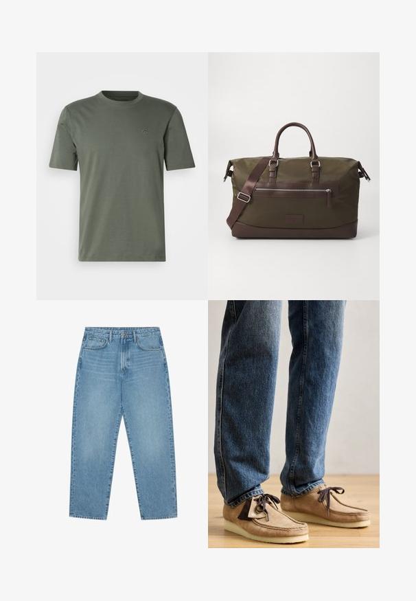 T-shirt vert olive à manches courtes en matière douce avec un col rond et un logo brodé subtil sur la poitrine gauche.; Jean en denim bleu clair avec une coupe droite, design cinq poches et une texture légèrement délavée. Dispose d'une fermeture à bouton et à glissière.; Mocassins en daim de couleur beige avec des accents marron foncé, à bout arrondi et semelle blanche moelleuse. Ils présentent un design à lacets et des détails cousus.; Sac de sport en toile vert olive avec des accents en cuir brun, équipé de deux poignées, d'une bandoulière amovible et d'une poche zippée à l'avant.