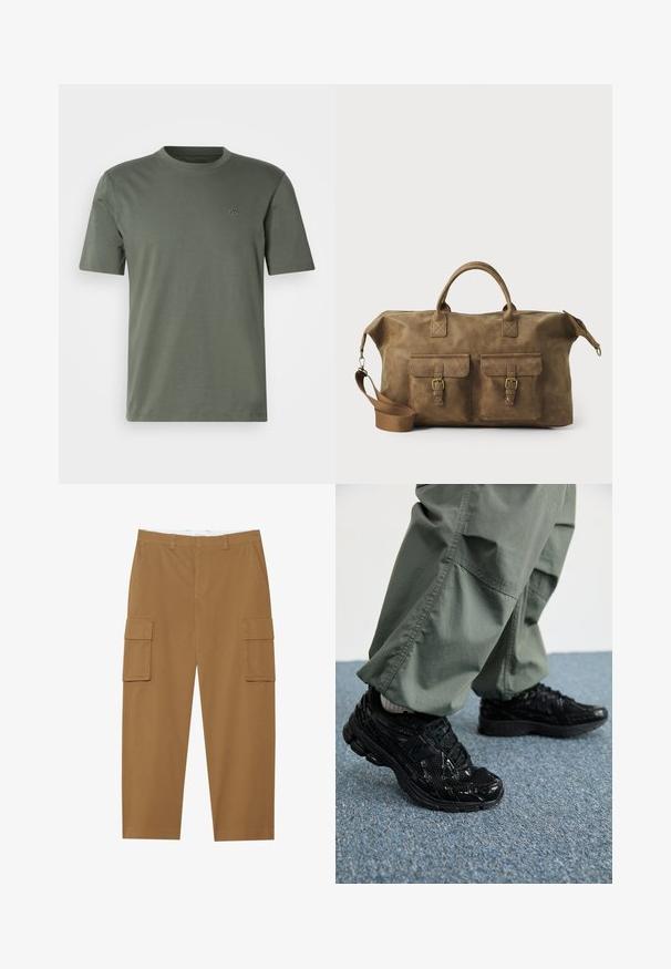 Olivno zelena kratka majica s kratkimi rokavi iz mehkega materiala, s krožnim izrezom in diskretno vezenim logotipom na levem prsnem delu.; Rjave cargo hlače z dvema stranskima žepoma, ravnim sprednjim delom in ravnim krojem. Narejene so iz trpežnega materiala z gladko teksturo.; Črne športne superge z sijajnimi in mrežastimi teksturami, ki imajo debel podplat in vezalke, v kombinaciji z ohlapnimi olivno zelenimi cargo hlačami.; Rjav usnjen potovalni kovček z dvema sprednjima žepoma, nastavljivim ramenskim trakom, zlatim okovjem in trdnimi zgornjimi ročaji. Gladka tekstura.