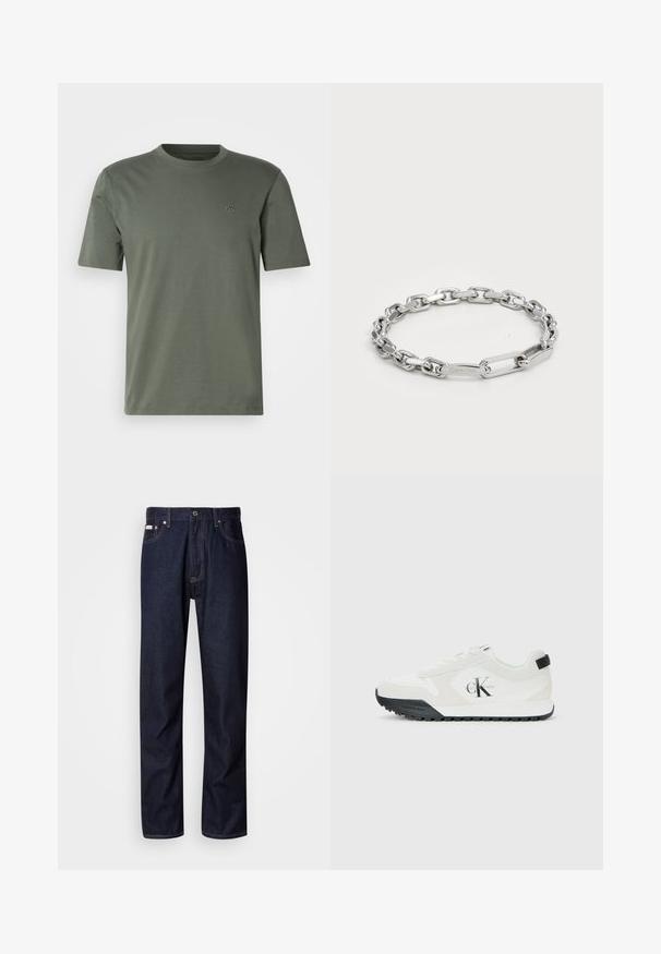 T-shirt vert olive à manches courtes en matière douce avec un col rond et un logo brodé subtil sur la poitrine gauche.; Jean en denim bleu foncé avec une coupe droite, présentant une braguette à boutons, cinq poches et des détails de coutures contrastantes.; Baskets blanches Calvin Klein avec semelle noire, panneaux en daim et en maille, logo CK sur le côté, et marque Calvin Klein sur le talon et la semelle.; Bracelet en chaîne argentée avec des maillons ovales et rectangulaires au toucher lisse. Logo Calvin Klein gravé sur un maillon plat.