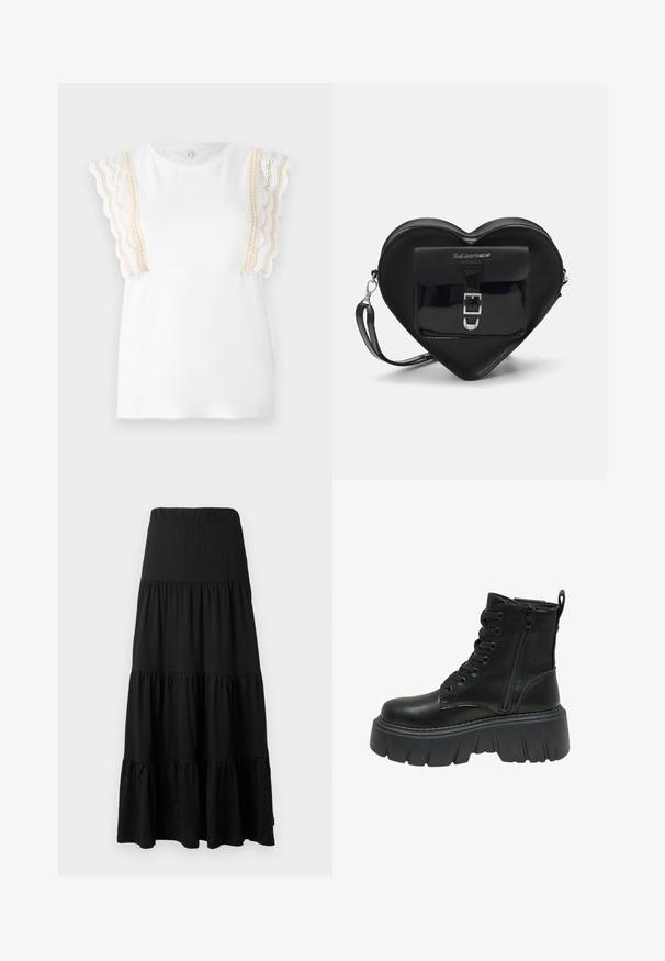 T-shirt bianco con dettagli in pizzo beige a scallop sulle maniche. Materiale in cotone morbido, scollatura a girocollo, vestibilità regolare. Texture liscia, senza fantasie.; Gonna maxi nera realizzata in tessuto morbido, caratterizzata da un design a strati con una vita elastica e dettagli arricciati all'orlo.; Stivale alla caviglia in pelle nera con una spessa suola platform, dotato di lacci sul davanti e cerniera laterale per una facile calzata. Dettagli testurizzati lungo la suola.; Borsa a forma di cuore nera in pelle verniciata, con una tasca frontale dotata di chiusura a fibbia e tracolla rimovibile. Dettagli in hardware argentato.