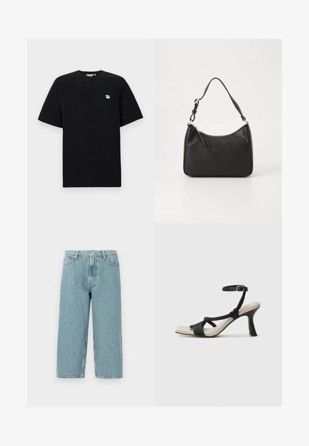 Zwarte katoenen T-shirt met korte mouwen, met een kleine witte bloemenborduursel op de linkerkant van de borst. Standaard pasvorm en ronde hals.; Lichtblauwe denimshorts met een hoge taille, rechte snit en rauwe zoom. Voorzien van een klassieke knoop- en ritsluiting en vier zakken.; Zwarte hoge hak sandaal met een gevlochten bandontwerp, vierkante teen en verstelbare enkelband. Lichtbeige voetbed met een glanzende zwarte hak.; Zwarte leren handtas met een gebogen vorm, een enkele schouderband, ritsluiting en subtiele branding aan de voorkant. Glad textuur, minimalistisch ontwerp.