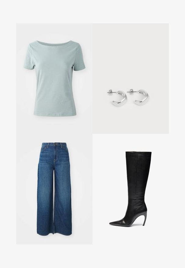 Κοντομάνικο, ανοιχτό μπλε βαμβακερό μπλουζάκι με φαρδιά λαιμόκοψη και άνετη εφαρμογή. Ασύρματοι ώμοι και λεία, μαλακή υφή.; Τζιν ψηλόμεσα με φαρδιά πόδια, σε μπλε απόχρωση, με μπροστινές τσέπες, θηλιές ζώνης, κλείσιμο με κουμπί και ορατές ραφές, σε λευκό φόντο.; Μαύρη δερμάτινη μπότες μέχρι το γόνατο με μυτερή μύτη και ψηλό στιλέτο τακούνι; κομψή, λεία υφή με διακριτές ραφές και χωρίς ορατές λεπτομέρειες.; Ασημένια σκουλαρίκια κρίκοι με λείο, γυαλισμένο φινίρισμα. Στρογγυλό σχήμα με ελαφρώς καμπυλωτό σχέδιο και απαλές άκρες. Κλείσιμο με καρφί.