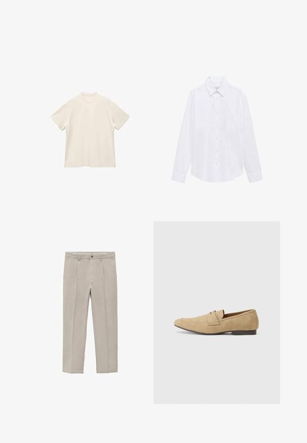 Tricou cu mâneci scurte, guler rotund, dintr-un material moale, de culoare albă-crem, având o textură netedă și slituri laterale pentru o potrivire lejeră.; Cămașă albă cu mâneci lungi din țesătură de bumbac. Are guler ascuțit, închidere cu butoane și manșete simple. Design minimalist, fără modele.; Pantaloni bej deschis dintr-un amestec de bumbac, cu un design dreapt, pliuri frontale, închidere cu nasture și buzunare laterale.; Loafers din suede bej, cu un luciu ușor, având vârf rotund, design tip slip-on și un toc mic de culoare maro. Detalii subtile de cusătură.