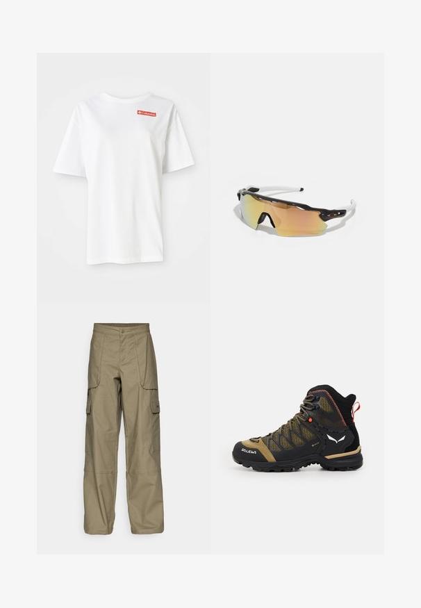 Valkoinen puuvillapaita lyhyillä hihoilla ja pyöreällä kaula-aukolla, jossa on pieni punainen Columbia-logo vasemmassa rintakappaleessa.; Vihreät cargo-housut, joissa on väljä malli, useita sivutaskuja ja nappikiinnitys vyötäröllä. Silkkinen pinta.; Kävelykengät mid-korkeudella mustana ja oliivinvihreänä, joissa on verkkokangas yläosa, kumipohja ja teksturoituja yksityiskohtia takana olevaan vetotikkuun.; Auringonlaskulasit, joissa on musta-valkoinen kehys, isot peilipinnat kultaisina ja vaaleanpunaisina sävyinä, aerodynaaminen muotoilu ja pidennetty ulkorimma.