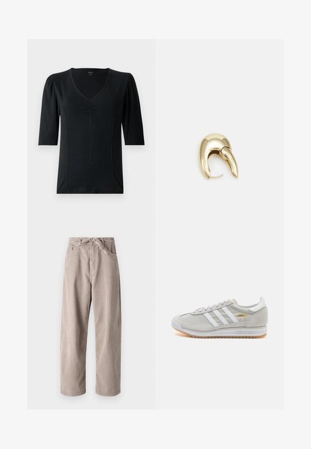 Schwarzes Kurzarmoberteil mit V-Ausschnitt, das in der Mitte vorne geraffte Details und einen glatten, dehnbaren Stoff aufweist.; Beige Cordhosen mit lockerer Passform, ausgestattet mit einem Kordelzugbund, zwei Fronttaschen und vertikal geripptem Muster.; Hellgraue Sneaker aus Wildleder und Mesh, mit drei weißen Streifen, runder Zehenpartie und einer Sohle aus Gummi. Goldenes Logo-Detail nahe der Schnürsenkel.; Ohrringe aus goldfarbenem Metall mit einem schlanken, geschwungenen Design. Sie verfügen über eine markante, spitze Form, eine polierte Oberfläche und einen Scharnierverschluss.