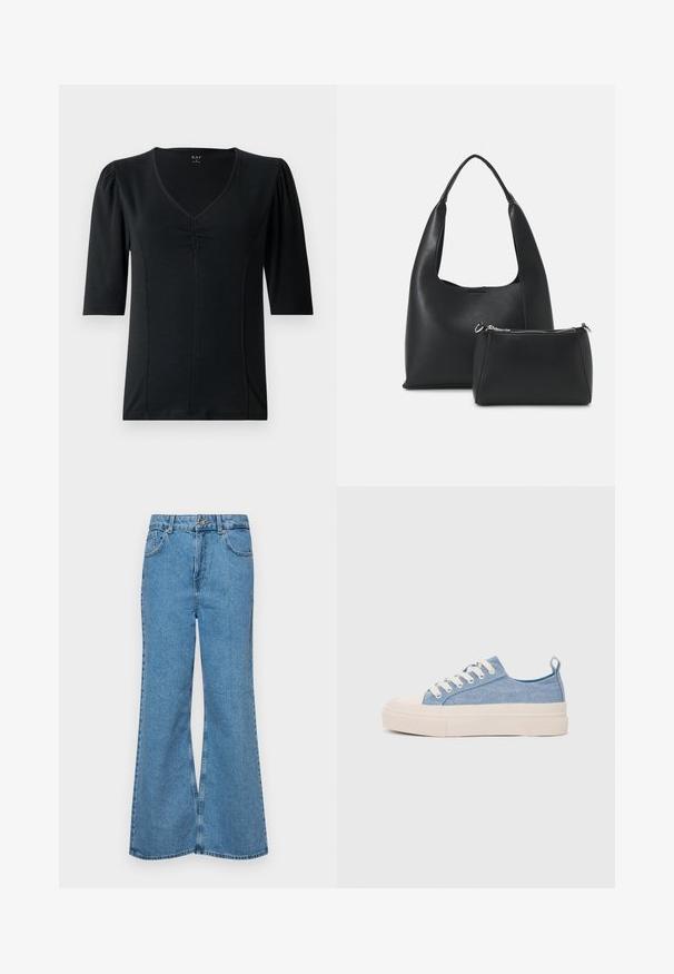 Svart kortärmad topp med v-ringning, som har samlad detaljer vid framdelen och en mjuk, stretchig tyg.; Ljust blå vida jeans i denim, med hög midja, fem fickor och en enda knappstängning. Mjuk textur med blekt finish.; Ljusblå canvas sneakers med en krämfärgad gummitå och yttersula, som har vita snören och en dragflik på hälen.; Even&Odd Handväska - black