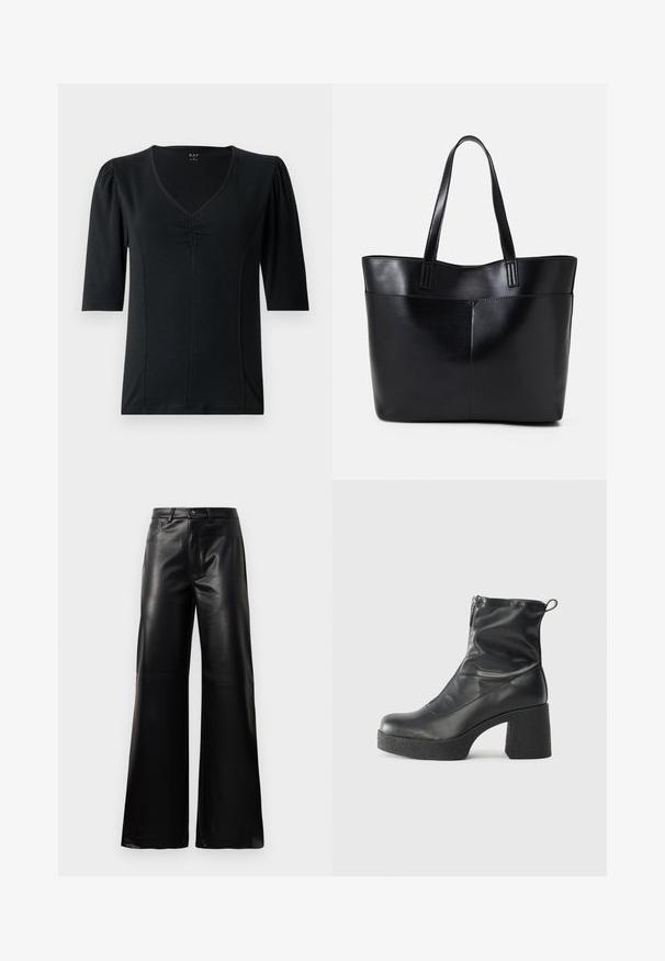Črn kratkodelni top z V-izrezom, ki ima nabran detajl na sprednji strani in gladko, raztegljivo tkanino.; Črne široke hlače iz umetnega usnja z visokim pasom, sprednjim gumbom, zadrgo, zanke za pas in stranskimi žepi na beli podlagi.; Črne gležnjarje iz gladke kože z božnim zadrgo, masivnim teksturiranim peto in zaobljeno obliko prstov.; Črna usnjena torba z dvema dolgima ročajema, gladko teksturo in strukturirano obliko. Ima sprednji žep za dodatno shranjevanje.