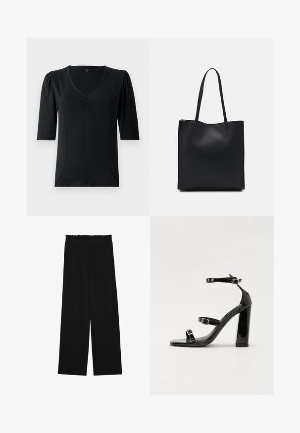 Schwarzes Kurzarmoberteil mit V-Ausschnitt, das in der Mitte vorne geraffte Details und einen glatten, dehnbaren Stoff aufweist.; Schwarze weit geschnittene Hose mit einem gerüschten Bund, ausgestattet mit zwei Seitentaschen und einem glatten, leichten Stoff. Keine sichtbaren Muster oder Beschläge.; Schwarze patentierte Sandalen mit Absatz, quadratischer Spitze, Knöchelriemen und silbernen Schnallen. Mit einem stabilen Blockabsatz für mehr Stabilität.; Schwarze Laptoptasche aus Leder mit glatter Textur, rechteckiger Form und zwei langen Griffen. Keine sichtbaren Beschläge oder Verzierungen.
