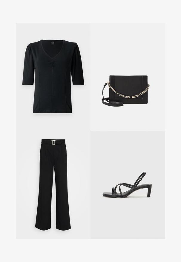 Sort kortærmet top med v-hals, der har samling i midten foran og glat, strækbart stof.; Sorte vide benbukser lavet af letvægtsstof, med en glat overflade, forfaldsplisseringer og et bælte med en firkantet metalspænde.; Sort remsandale med firkantet tå og en lav blokeret hæl. Har flere tynde stropper og en justerbar ankelrem. Fremstillet af glat læder.; Sort læder crossbody taske med en glat tekstur, rektangulær form og en metallisk kæde detalje foran. Justerbar skulderrem inkluderet.