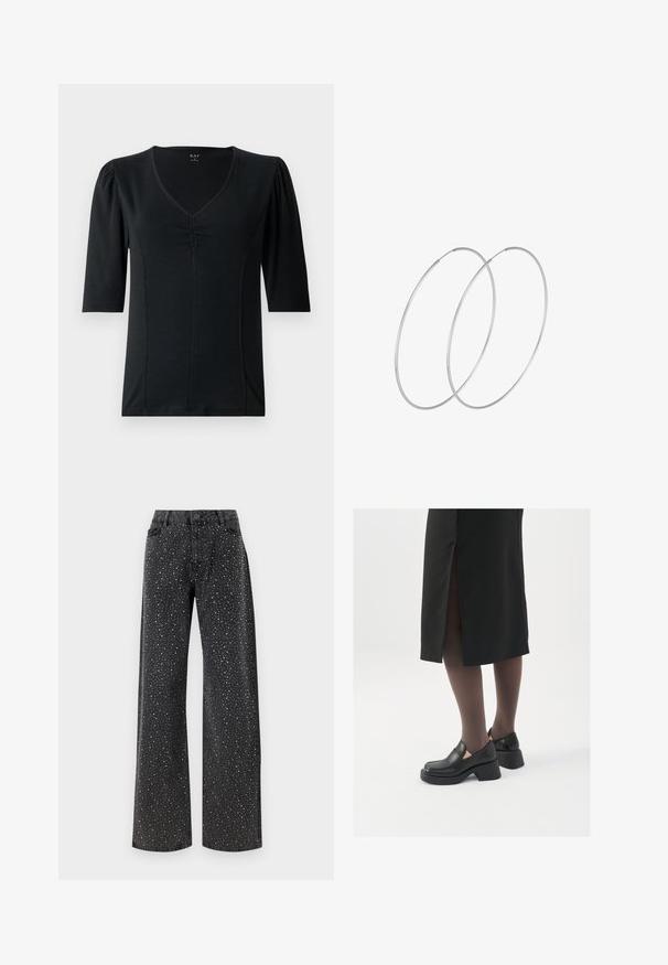 Čierny top s krátkym rukávom a výstrihom do V, s našívanými detailmi v strede a hladkým, pružným materiálom.; Noisy May NMJANNEL LOOSE - Džínsy voľného strihu - black denim; Čierne kožené topánky s okrúhlou špičkou, silným blokovým opätkom a elastickými bočnými akcentmi, skombinované s tmavými pančuchami a čiernou sukňou so štiepením.; Strieborné kruhové náušnice s minimalistickým dizajnom. Cirkulárny tvar, hladký povrch a tenký profil. Ľahké s lesklým povrchom.