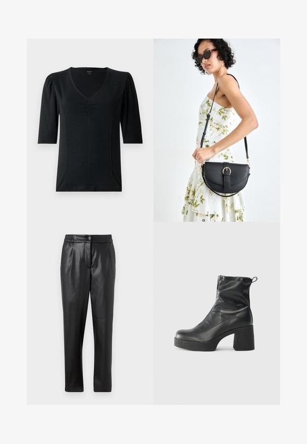 Črn kratkodelni top z V-izrezom, ki ima nabran detajl na sprednji strani in gladko, raztegljivo tkanino.; Črne usnjene hlače z gladko teksturo, ravnim krojem, elastičnim pasom in sprednjim gumbom; nagubani detajli in zoženi nogi.; Črne gležnjarje iz gladke kože z božnim zadrgo, masivnim teksturiranim peto in zaobljeno obliko prstov.; Črna usnjena torbica s ukrivljeno obliko, z odstranljivo naramnico in zlatimi dodatki. Torbica ima pokrov s podrobnostmi v obliki zaponke.; Zlato obarvani uhani z teksturiranimi, valovitimi oblikami. Vključujejo skulpturalne sponke za ušesa in odprto obliko obročka s kladivastim finišem.