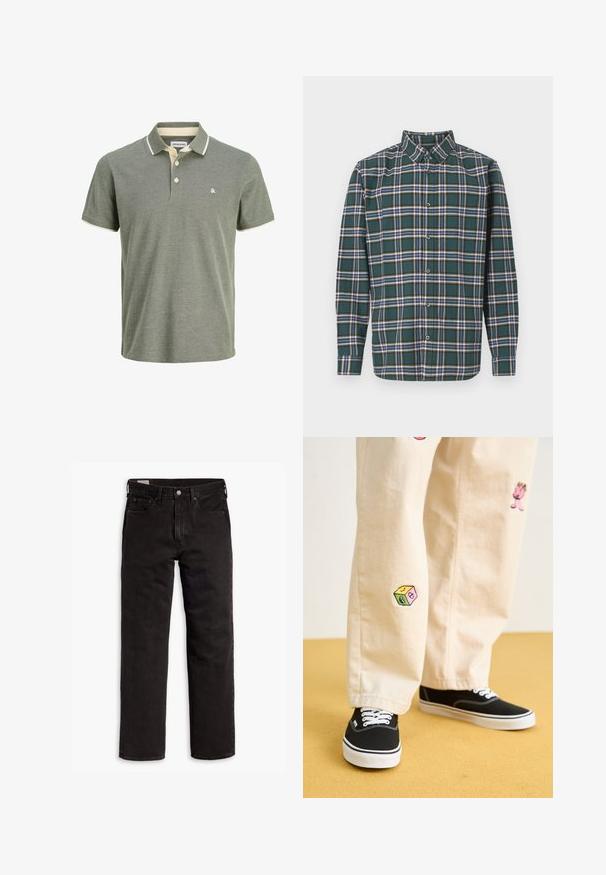 Polo verde dintr-un material texturat, cu guler cu margine crem, diverse butoane pe plastron și un mic logo pe piept.; Cămașă flanelată verde cu un model tartan, având linii albastre, albe și galbene muștar. Închidere cu nasturi în față și guler ascuțit. Mâneci lungi.; Jeans din denim negri cu picior drept, cu cinci buzunare, închidere cu nasture și bucle pentru curea, așezați plat pe un fundal alb.; Pantaloni din bumbac bej cu modele brodate jucăușe, inclusiv un personaj roz și un bloc colorat, asortați cu teniși negri cu șireturi.