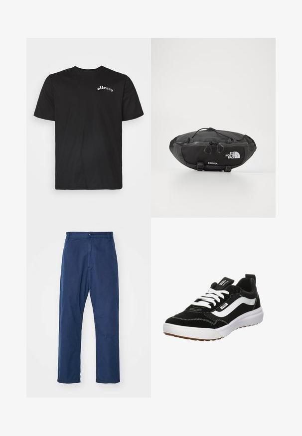 Camiseta de algodón negra con mangas cortas, con un sutil logo blanco de "ellesse" en el lado izquierdo del pecho. Diseño simple y clásico.; Pantalones rectos color azul marino, hechos de algodón. Presentan un cierre frontal con botón y una textura sutil, con bolsillos laterales y pasadores para cinturón.; Vans Zapatillas - schwarz; The North Face TERRA LUMBAR 3L UNISEX - Riñonera - asphalt grey/black