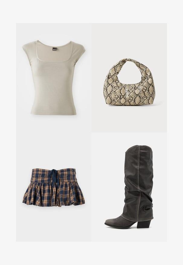 Short-sleeve, fitted top in light beige, made of smooth cotton blend. Features a square neckline and subtle stitching detail.; Plaid, flared mini skirt in brown and navy, made of lightweight fabric. Features a smocked waist and adjustable tie for fit.; Gray leather calf-high boots with a slouchy design, pointed toe, and stacked heel. Notable stitching detail on the toe area.; Snake-print handbag with a curved handle. Made from textured, beige and brown materials, featuring a distinctive diamond pattern.