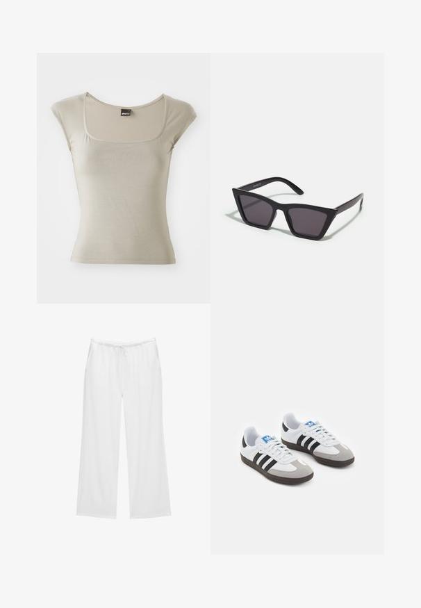 Tričko s krátkym rukávom a priliehavým strihom v svetlej béžovej farbe, vyrobené z hladkej bavlnenej zmesi. Má štvorcový výstrih a jemné prešívanie.; Biele nohavice s širokými nohavicami vyrobené z mäkkého materiálu, s elastickým pásom na šnúrku a dvomi bočnými vreckami. Jednoduchý a čistý dizajn.; Športové topánky s bielym koženým zvrškom, šedou semišovou špičkou a tromi čiernymi pruhmi. Obsahujú modré logo na jazyku a štruktúrovanú gumovú podrážku.; Čierne, ostré slnečné okuliare so sivými sklami; vyrobené z plastu, majú hrubé ramená s hladkým povrchom a bez viditeľnej mechaniky.