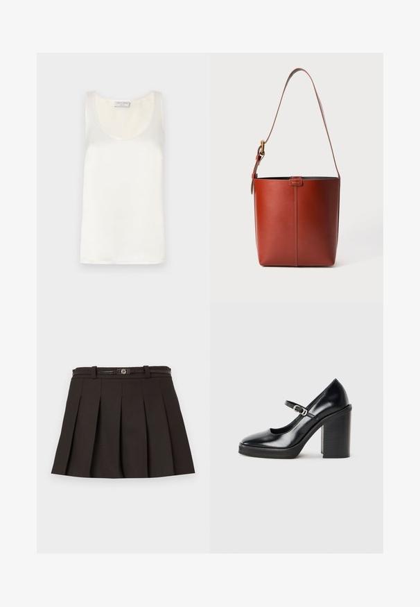 Witte satijnen mouwloze tanktop met een ronde halslijn en een soepele textuur, met een subtiele glans en nette randen.; Zwarte geplooide rok met een aansluitende tailleband en een glanzende riem met een metalen sluiting. Gemaakt van een gestructureerde stof.; Zwarte lakleren hoge hak schoen met een ronde neus, enkelband, zilveren gesp detail en een stevige blokhak.; Bruine lederen emmerzak met verstelbare schouderband en gouden gesp, eenvoudige verticale naaddetails aan de voorkant.