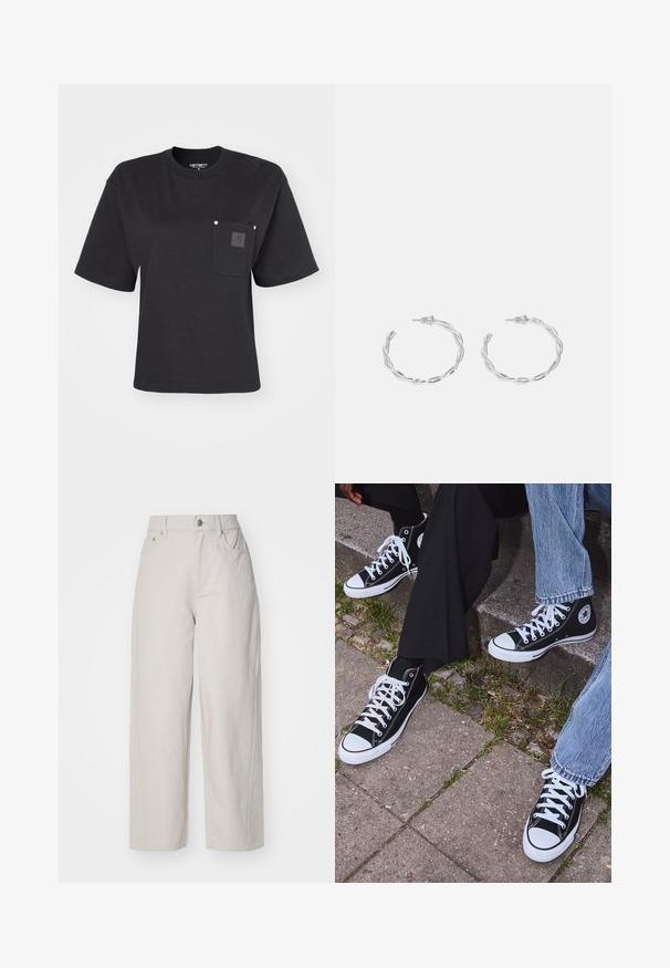 Fekete pamut póló rövid ujjakkal, kerek nyakkal és elülső zsebbel, amelyen egy foltlogó található. Minimalista dizájn, lazább szabással.; Beige, magas derekú, széles lábú pamut nadrág, gombos és cipzáros záródással, négy zsebbel; sima textúra denimszerű kivitelben.; Fekete magas szárú vászon sportcipők fehér gumi talppal és fűzőkkel, az oldalukon kör alakú logóval, farmernadrággal és fekete nadrággal párosítva.; Ezüst karika fülbevalók csavart kialakítással, fényes felülettel és fülbevaló tűzáras zárással. Átmérőjük körülbelül 3 cm.