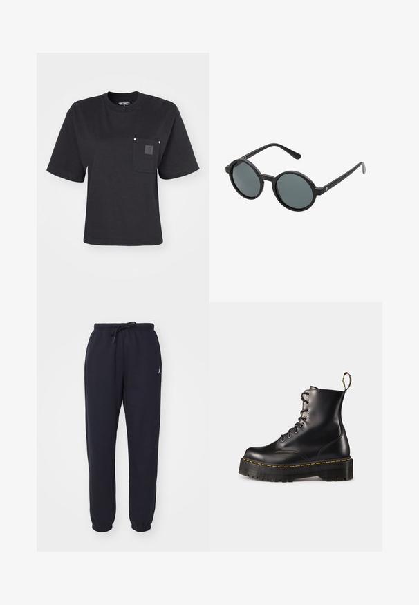 Black cotton t-shirt with short sleeves, a crew neck, and a front pocket featuring a patch logo. Minimalist design with a relaxed fit.; Navy jogger pants made of soft fabric, featuring an elastic waistband with drawstring, tapered legs, and a small white logo on the front.; Black leather lace-up ankle boots with a chunky black sole and yellow stitching. Features a pull tab at the back and circular metal eyelets.; Round sunglasses with a black plastic frame and dark gray lenses. Features thin, straight arms with minimalist accents.; Gold-colored hoop earrings, thin and round in shape, with a smooth metallic finish and no embellishments or patterns.