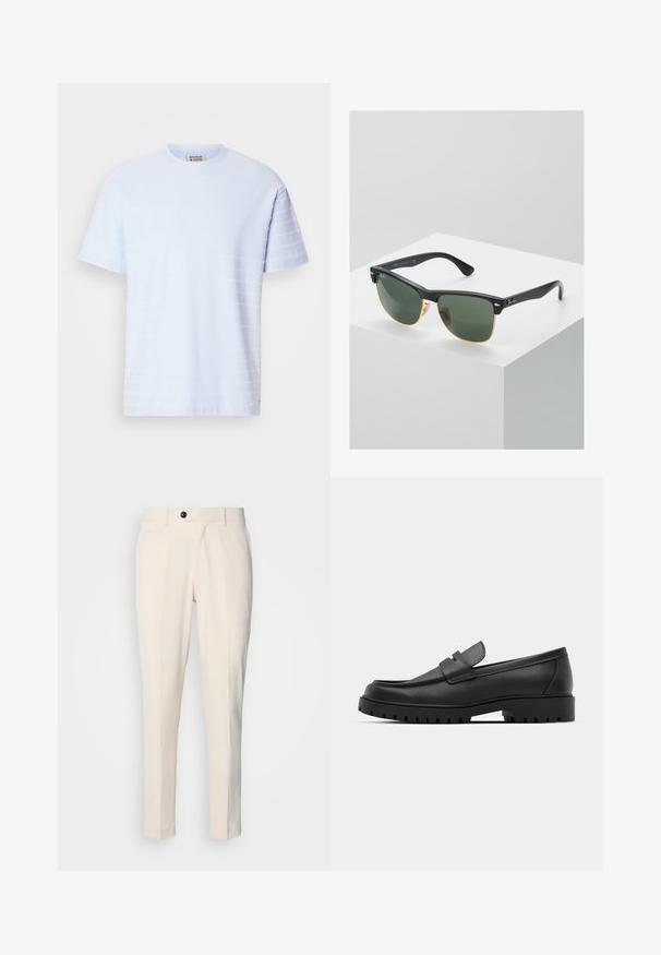 Šviesiai mėlynas trumpomis rankovėmis marškinėliai, pagaminti iš minkštos medžiagos, su tekstūruotu horizontaliu juostų raštu priekyje.; Bežinės pritaikytos kelnės su plokščiu priekiu, vienu mygtuku ir dviem įstrižomis šoninėmis kišenėmis. Lygus audinys, siauras kirpimas ir siaurėjančios kojos.; Juodi odiniai loaferiai su apvalia nosimi, su siuvinėtu dizainu, žemu platformos padu ir tekstūruotu, sukibimo raštu padu.; Ray-Ban saulės akinių žaliais objektyvais, juodais plastikiniais rėmeliais ir auksinėmis detalėmis ant kraštų. Kvadratinė forma su matinio paviršiaus apdaila.