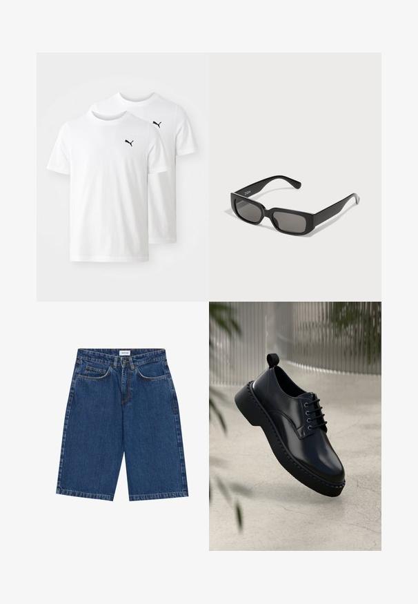 T-shirts de algodão brancos com decote redondo e mangas curtas, com um pequeno logo preto da Puma no lado esquerdo do peito. Dois t-shirts mostrados.; Calções de ganga em azul escuro, com um design de cinco bolsos, corte reto e costuras visíveis. Textura suave e cintura média.; Sapato de couro preto com bico arredondado, design com atacadores e sola de borracha grossa com uma borda texturizada. Acabamento elegante e hardware minimal.; Óculos de sol retangulares pretos com lentes cinzentas, feitos de plástico liso. Apresenta um design minimalista com hastes retas e uma marcação discreta.; Mala mensageiro de couro preto com fivelas prateadas, costura amarela, alça ajustável e um bolso frontal. Logótipo da marca exibido na frente.