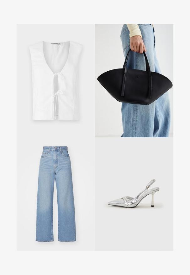 Top sem mangas branco com um decote em V profundo e detalhe de laço na frente. Feito de um tecido suave com um corte estruturado e justo.; Jeans de cintura alta e perna larga em azul claro, com fecho frontal de botão e zíper, bolsos frontais e traseiros, sobre um fundo branco.; Sapato de salto alto slingback prateado com bico fino, acabamento metálico, duas correias decorativas e um salto esbelto com ponta preta.; Bolsa de mão em couro preto com uma forma única em leque, apresentando alças planas. A superfície tem uma textura pebble e um design minimalista.