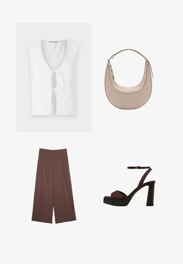 Biely top bez rukávov s hlbokým výstrihom do V a detailom na prednej strane so zaväzovaním. Vyrobený z hladkej tkaniny s definovaným, úzkym strihom.; Hnedé nohavice so širokými nohavicami a hladkou textúrou, s vysokým pásom a prednými skladmi. Tkanina je ľahká a voľne sa pohybuje.; Hnedé semišové sandále na vysokom podpätku s otvorenou špičkou, nastaviteľným členkovým remienkom a pruhovanou platformovou podrážkou.; Béžová kožená taška cez rameno s polkruhovým tvarom, hladkou textúrou a jedným zakriveným uchom. Obsahuje zipsové uzatváranie a úhľadné švy.