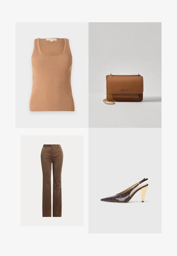 Hladký tílko v světle hnědé barvě, s kulatým výstřihem a přiléhavým střihem. Tkanina má měkkou texturu s vertikálními pruhy.; Hnědé kordové kalhoty s rovnými nohavicemi, které mají poutka na opasek, přední kapsy a jemné vertikální žebrování pro texturu.; Slinbková podpatková obuv s špičatou špičkou v tmavě hnědé lesklé umělé krokodýlí kůži. Obsahuje zlatý geometrický podpatek a nastavitelný páskový pásek kolem kotníku.; Hnědá texturovaná kožená kabelka přes rameno se zlatým řetízkovým popruhem a klopnovým uzavíráním. Přední strana obsahuje detail loga a kapsu pod klopou.