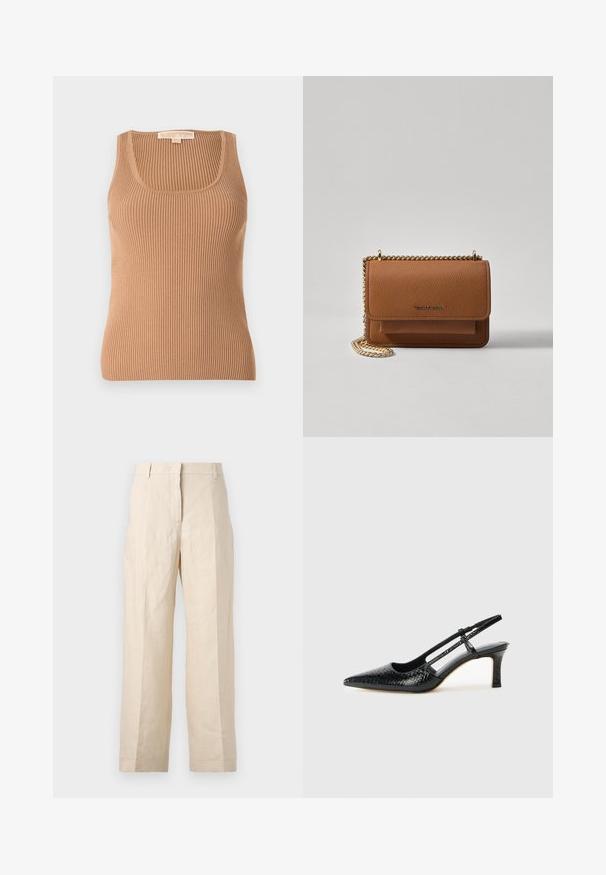 Ribata särk heledas pruunis, millel on ümmargune kaelus ja sobiv disain. Kangas on pehme tekstuuriga ja vertikaalsete triipudega.; Bež linasest püksid, millel on lõtv istuvus, volditud eesmine osa ja sirged jalad. Omab vööd, millel on vöökohaga silmused, ja nähtavaid taskuid ei ole.; Mustmust paelad, millel on terav varvas, tekstuuriga maduprindiga, reguleeritav rihm ja lühike tekstuuriga plokknina.; Pruun tekstureeritud nahk ristkeha kott kuldse ahelaga rihmaga ja klapiga sulgemine. Esiküljel on logo detail ja tasku klapi all.