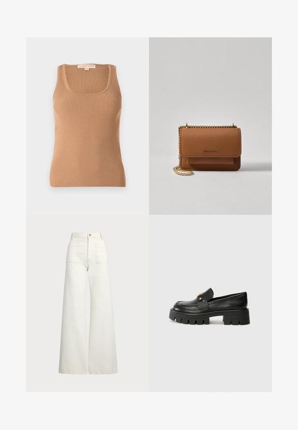 Ribbed tank top in light brown, featuring a round neckline and fitted design. Fabric has a soft texture with vertical stripes.; Wide-leg jeans in off-white denim. High-waisted design with a button closure, two front pockets, and contrast stitching details.; Black leather loafers with a chunky sole, featuring a gold-tone accent on the front and a smooth finish. Chunky tread design on the sole.; Brown textured leather crossbody bag with gold chain strap and flap closure. Front features logo detail and a pocket under the flap.