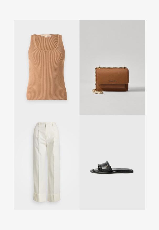 Csíkos, világosbarna, bordázott ujjatlan felső, kerek nyakkivágással és testhez simuló kialakítással. Az anyag puha tapintású, függőleges csíkokkal.; Fehér, szabott nadrág magas derékkal, dupla elülső redőkkel és széles lábakkal, hajtogatott szegésekkel. Simító, textúrált anyagból készült.; Fekete bőr szandál szőtt pánt részlettel, lapos talppal és letisztult dizájnnal. Sima textúra és minimalista profil.; Barna textúrájú bőr keresztbody táska arany lánc pánttal és fedélzárral. Az elején logó részlet és egy zseb található a fedél alatt.