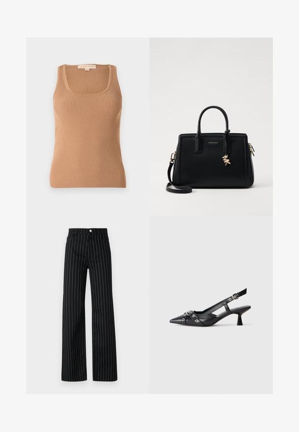 Canotta a costine color marrone chiaro, con scollo rotondo e design aderente. Il tessuto ha una texture morbida con righe verticali.; Pantaloni neri a gamba larga con righe verticali blu, caratterizzati da un classico design a cinque tasche e una chiusura frontale con bottone.; Scarpa slingback nera in pelle con punta affusolata, cinturini decorativi con occhielli metallici e tacco basso a blocco. Superficie testurizzata.; Borsa a tracolla in pelle nera con design strutturato, manici superiori doppi, tracolla rimovibile, accessori in oro e charm con logo.