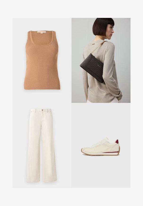 Ribbed tank top in light brown, featuring a round neckline and fitted design. Fabric has a soft texture with vertical stripes.; Beige wide-leg pants made of cotton with a smooth texture. Features a button closure, front pockets, and a classic waistband design.; White sneaker with a smooth texture, featuring a maroon accent along the sole and a jagged rubber outsole for grip. Minimalist design.; Brown patterned clutch bag with gold hardware and a chain strap, worn on the shoulder over a beige sweater, featuring textured fabric.