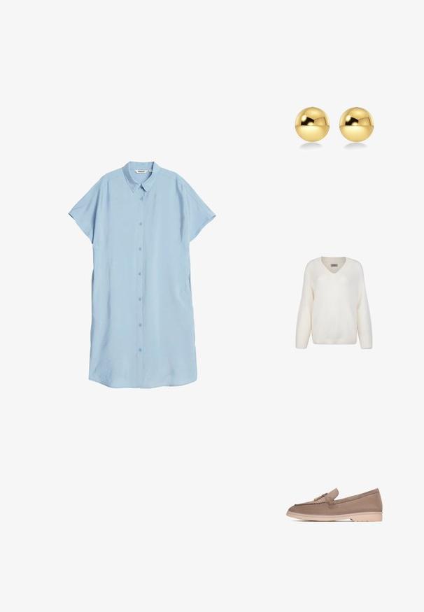 Vit stickad tröja med V-ringning, långa ärmar och ribbade muddar. Mjuk textur, avslappnad passform och avslutad med en ribbad nederkant.; Ljusblå skjortklänning med kort ärm, gjord av ett mjukt material, med knäppt front, klassisk krage och sidfickor.; Bruna läderloafers med en slät textur, prydda med ett dekorativt band och guldhardware, vilande på en ljus beige gummisula.; Svart läderclutch med en guldig Medusa-emblem, dragkedjestängning och avtagbar rem, med en slät yta och rektangulär form.; Guldiga, sfäriska örhängen med en blank, reflekterande yta. Designen är enkel och slät, vilket skapar ett modernt, minimalistiskt utseende.