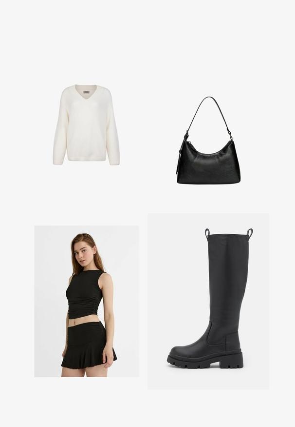 Biały sweter z dzianiny z dekoltem w kształcie litery V, długimi rękawami i ściągaczami. Miękka tekstura, luźny krój i wykończenie w ściągaczu na dole.; Czarny dwuczęściowy komplet składający się z bezrękawowego, skróconego topu z marszczeniem oraz rozkloszowanej mini spódnicy, wykonany z gładkiego, elastycznego materiału.; Czarne, sięgające do kolan botki z gładkiej skóry, z masywną podeszwą i niewielkim obcasem. Posiadają uchwyty do zakupu oraz elastyczne boczne panele, co ułatwia ich zakładanie.; Czarna torebka z syntetycznej skóry o zaokrąglonym kształcie, z krótkim uchwytem, zamykana na zamek błyskawiczny, z delikatnym teksturowanym wzorem na powierzchni.