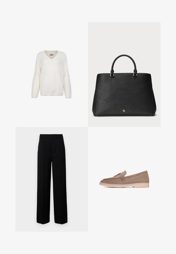 Hvid strikket sweater med V-udskæring, lange ærmer og ribbede manchetter. Blød tekstur, afslappet pasform og afsluttet med en ribbet kant.; Sorte bukser med bred benvidde og en glat tekstur, der har en flad front, foldedetaljer og en skræddersyet talje. Ingen synlig hardware eller mønstre.; Brune læder loafer med en glat tekstur, der har et dekorativt bånd og guldfarvet hardware, hviler på en lys beige gummisål.; Sort læderhåndtaske med struktureret design, glat tekstur og to topremme. Har guld accenter og et logo nederst.