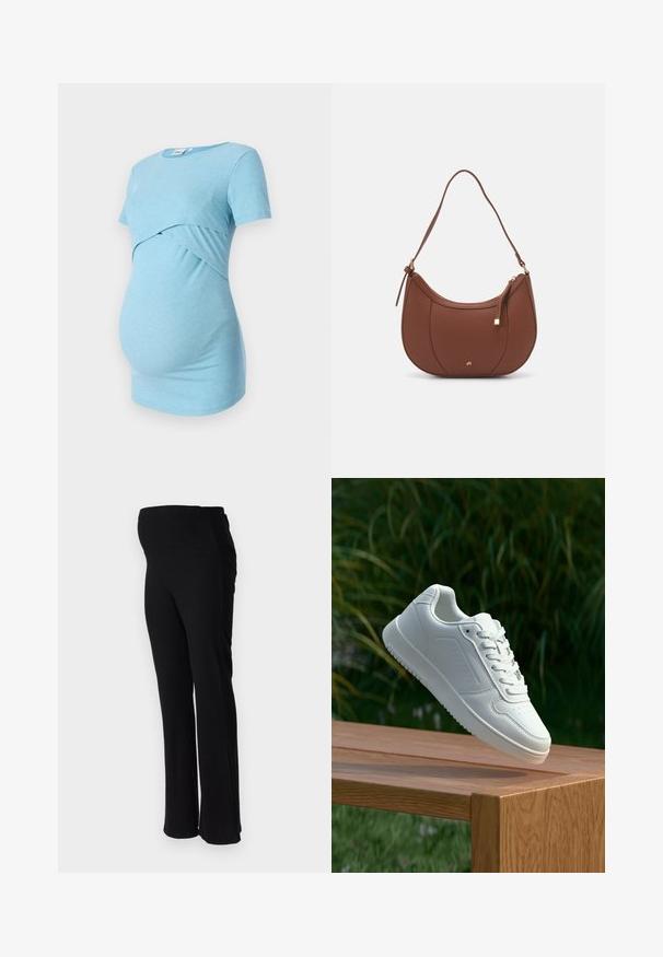 Light blue ribbed maternity top with short sleeves and a cross-over design at the waist, designed for comfort and stretch.; ONLY MATERNITY OLMHALLE - Trousers - black; White sneaker with a smooth synthetic upper, perforated toe box, flat laces, and a textured sole, displayed on a wooden surface.; Brown faux leather shoulder bag with curved shape, minimal stitching, and a gold-tone hardware accent. Features a top zipper closure and adjustable strap.