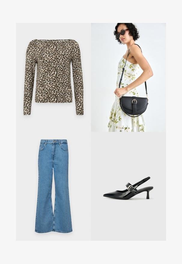 Cămășă cu mânecă lungă, cu imprimeu leopard în nuanțe de bej, negru și maro. Material moale, cu guler rotund și o croială lejeră.; Jeanși evazați de culoare albastru deschis, din denim, cu talie înaltă, cinci buzunare și închidere cu un singur buton. Textură moale cu un finisaj decolorat.; Sandale cu toc din piele patent neagră, cu vârful ascuțit și un toc mic bloc, având un accent cu cataramă argintie pe curea.; Geantă din piele neagră, cu o formă curbată, curea detașabilă și accesorii aurii. Geanta are un capac cu un detaliu tip cataramă.