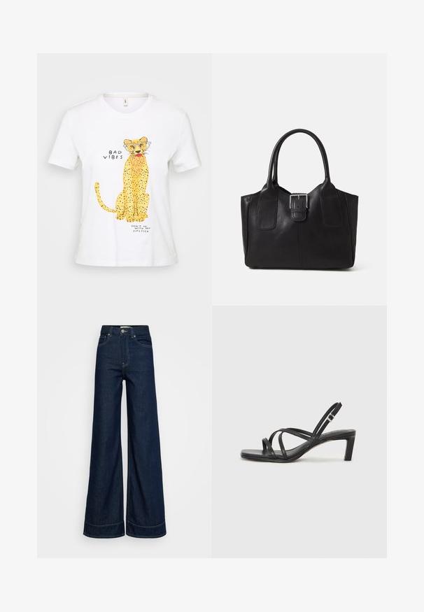 White cotton t-shirt featuring a yellow leopard graphic with glasses, text "BAD VIBES," and "DON'T GO WITH MY LIPSTICK" in black font.; Dark blue high-waist wide-leg jeans with front pockets, belt loops, button closure, and visible stitching on a white background.; Black strappy sandal with a square toe and a low block heel. Features multiple thin straps and an adjustable ankle strap. Made of smooth leather.; Black leather tote bag with smooth texture, structured shape, two handles, and a prominent silver buckle detail on the front.
