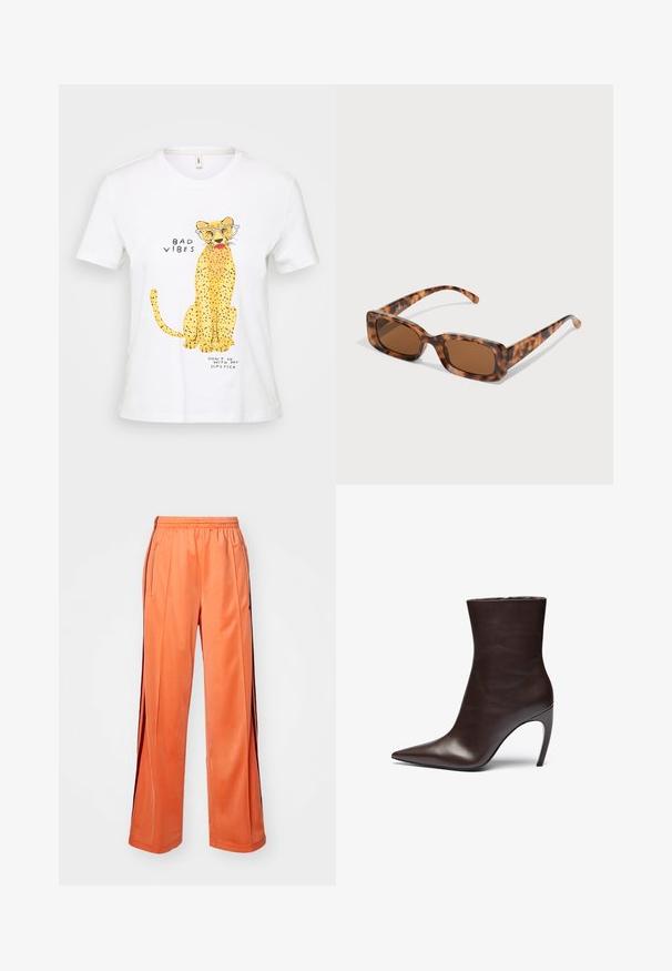 Valge puuvillane T-särk, millel on kollane leopardi graafika prillidega, tekst "HALBAD VIBRATSIOONID" ja "ÄRA KÕNDA MINU HUULEPULGA KAASAS" mustas fontis.; Oranžid sportlikud püksid, mis on valmistatud siledast kangast, laia säärekujundusega, elastse vöökoha ja kontrastselt värvitud külgtriipudega.; Pruun nahkne pahkluu saabas, millel on terav varvas, sale siluett ja kõrge konts. Omab siledat tekstuuri ja minimalistlikku disaini.; Kilpkonna kestaga prillid, millel on ristkülikukujulised pruuni värvi objektiivid, paks raam ja peened käed, millel on erinevate pruunide toonide muster.
