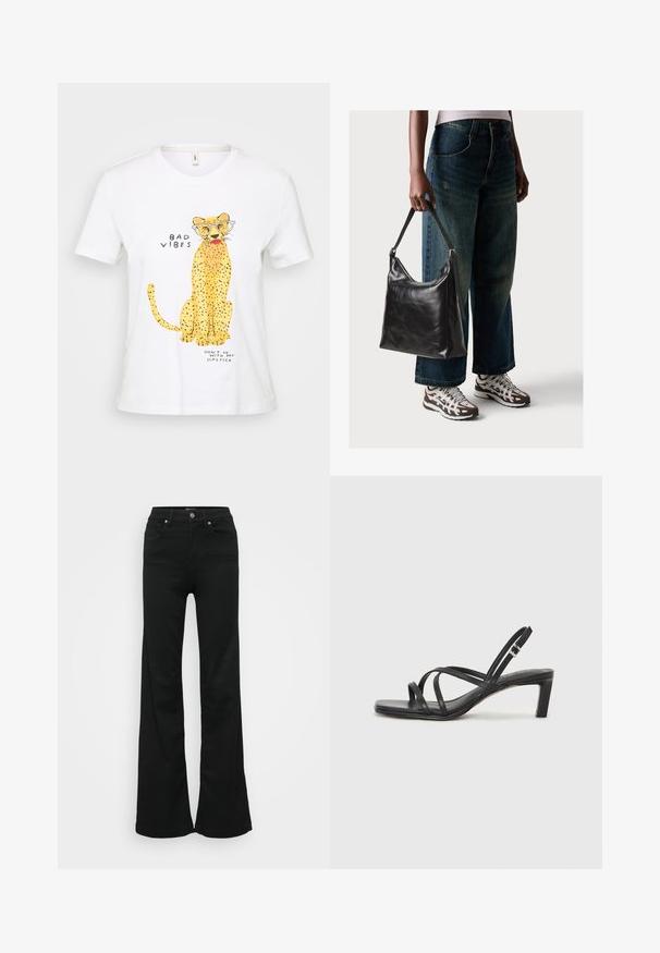 Hvid bomulds t-shirt med et gult leopard grafik iført briller, teksten "BAD VIBES" og "DON'T GO WITH MY LIPSTICK" i sort skrift.; Sorte flared jeans lavet af denim, med høj talje, fem lommer og metalknaplukning. Glat tekstur med minimal dekoration.; Sort remsandale med firkantet tå og en lav blokeret hæl. Har flere tynde stropper og en justerbar ankelrem. Fremstillet af glat læder.; Sort læder skuldertaske med en glat tekstur og justerbar skulderrem, parret med faded brede bukser og atletiske sneakers.