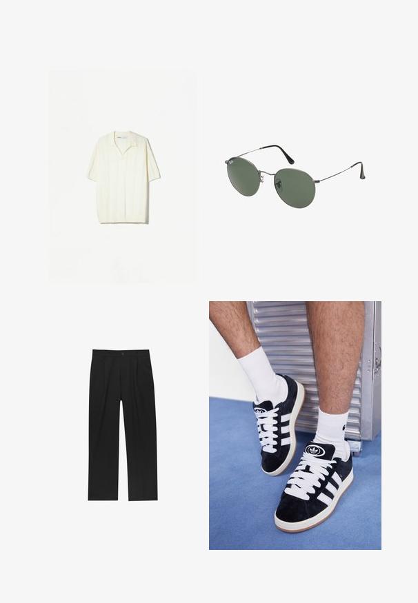 Kortärmad pullover i krämfärgad stickad kvalitet med vertikala ränder, avslappnad krage och ribbad nederdel för textur.; Svarta byxor med rak ben-design, tillverkade av ett jämnt tyg. Har framfickor och en enkel knapplåsning i midjan.; Svarta mockaskor med vita snören och tre vita ränder. Har en rund svart logotyp på tungan och en gumminnedgummisula.; Metallinramade solglasögon med ovala gröna linser. Tunn silvermetallram och svarta öronpluggar. Minimalistisk design, inga synliga logotyper.