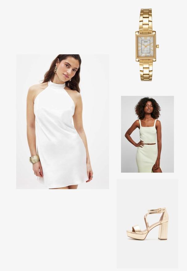 Svetlozelený rebrovaný crop top s štvorcovým výstrihom a hrubými ramienkami, v kombinácii s ladiacou sukňou po kolená s bočným rozparkom.; Biely šaty s halter krkom vyrobené z hladkej tkaniny, s mierne rozšíreným strihom a vysokým golierom, doplnené o kovový náramok.; Zlaté metalické platformové sandále s robustným blokovým opätkom, otvorenou špičkou a kríženými členkovými pásikmi s prackami. Hladká textura.; Biely prešívaný kabelka vyrobená zo syntetického materiálu, s prehnutým siluetom, zlatým kovovým hardvérom a nastaviteľným popruhom.; Zlatý obdĺžnikový náramkový hodinky s bielym ciferníkom, striebornými indexmi a odolným kovovým náramkom. Obsahuje vodoodolnú funkciu.; Zlaté prstene s hladkými, zaoblenými tvarmi, ktoré sa prelínajú. Vysokolesklý povrch s odrazovým efektom, ktorý zobrazuje bezšvový dizajn.