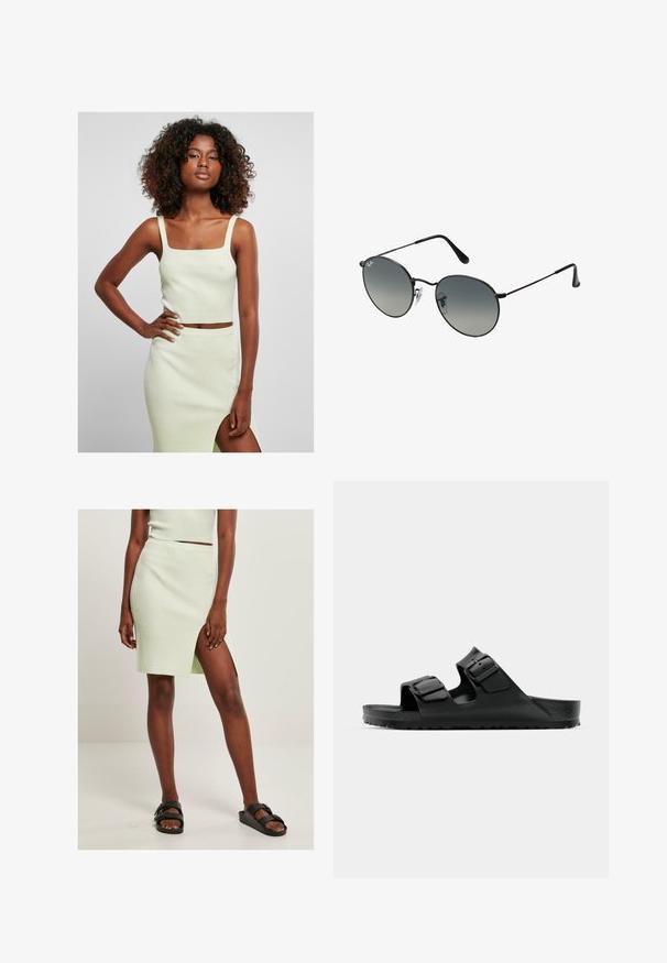 Jasnozielony ribbed crop top z kwadratowym dekoltem i grubymi ramiączkami, w połączeniu z dopasowaną spódnicą do kolan z bocznym rozcięciem.; Jasnozielona spódnica z prążkowanego dzianiny z rozporkiem do ud, w połączeniu z czarnymi klapkami. Prosty, dopasowany krój podkreśla fakturę i kolor.; Czarne gumowe sandały z dwiema regulowanymi paskami, fakturowaną wkładką oraz grubą, tłoczoną podeszwą, charakteryzujące się minimalistycznym designem.; Czarne okulary przeciwsłoneczne typu metalowego z okrągłymi gradientowymi szkłami, z cienkimi zausznikami i przezroczystymi podkładkami na nos dla zapewnienia wygodnego dopasowania.