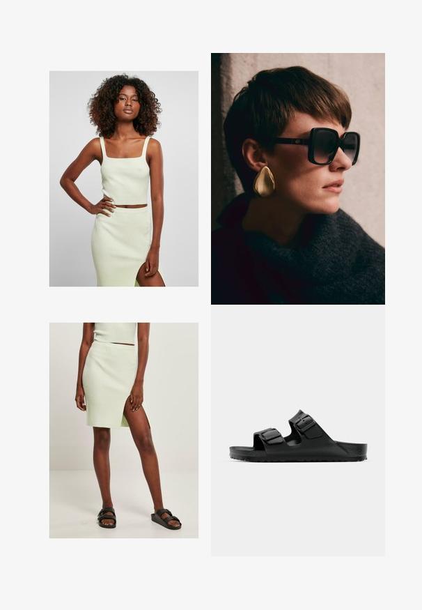 Hellgrünes, geripptes Crop-Top mit quadratischem Ausschnitt und breiten Trägern, kombiniert mit einem passenden, knielangen Rock mit einem seitlichen Schlitz.; Helles grünes, geripptes Strickrock mit einem Oberschenkel hohen Schlitz, kombiniert mit schwarzen Schlüpfsandalen. Das schlichte, figurbetonte Design hebt Struktur und Farbe hervor.; Schwarze Gummisandalen mit zwei verstellbaren Riemen, strukturiertem Fußbett und einer dicken, profilierten Sohle, die ein minimalistisches Design aufweisen.; Schwarze, übergroße Sonnenbrille mit dunklen Gläsern und goldenen Details, kombiniert mit einem großen, glänzenden goldenen Tropfenohrring. Dunkler, strukturierter Schal.